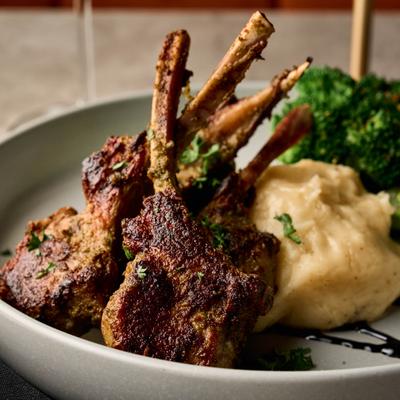 Lollipop Lamb Chops Dinner, side view.