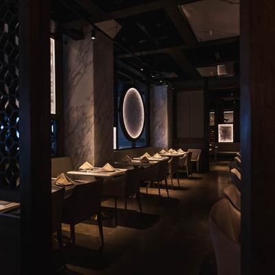 Dining tables, banquette seating.