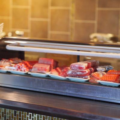 Food in a display case.