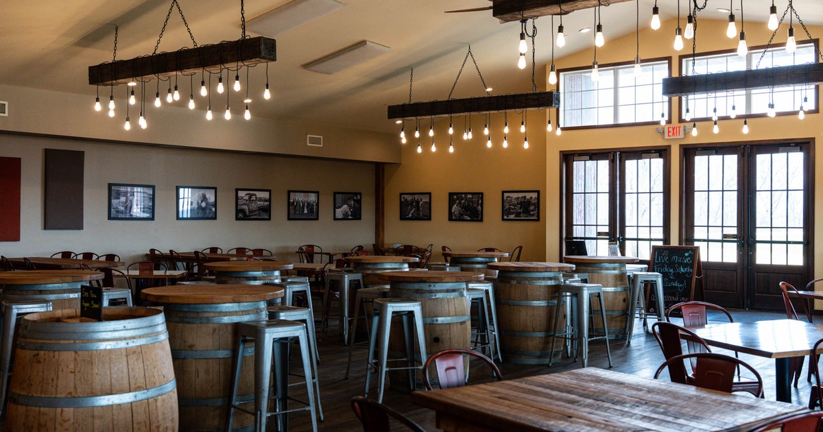 Interior, tables made of wooden barrels