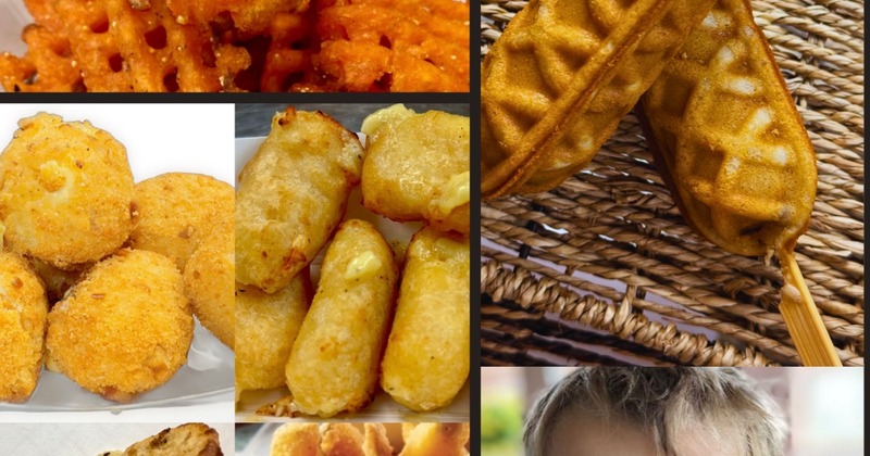 Collage of various fried snack foods, including waffle-battered hot dog on a stick