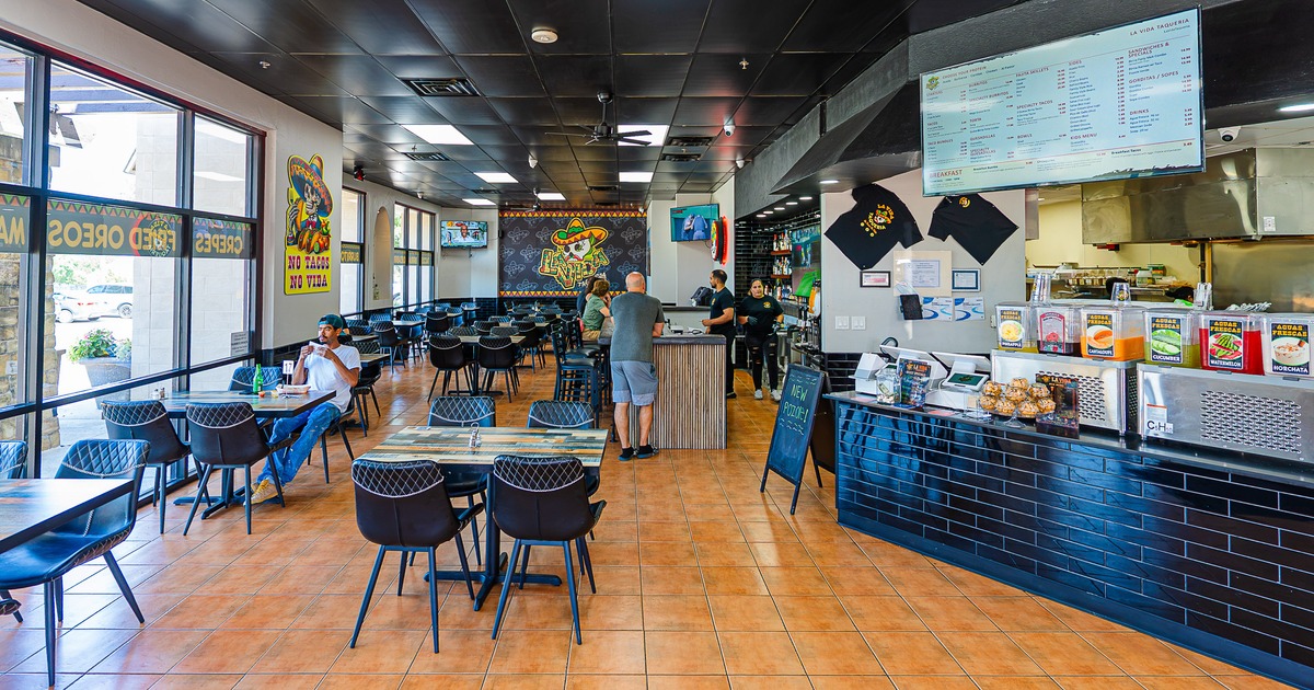 Interior of spacious and cozy dining area and order counter