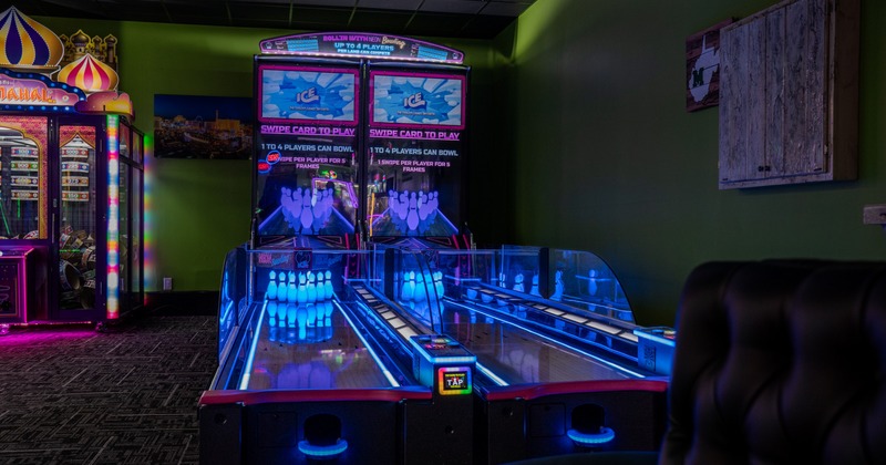 Interior, neon lights, mini bowling area