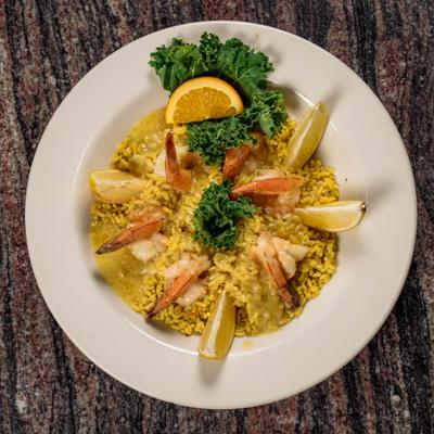 Shrimp Scampi on a bed of rice.