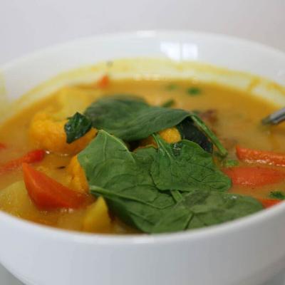 Vegetable stew topped with fresh spinach leaves