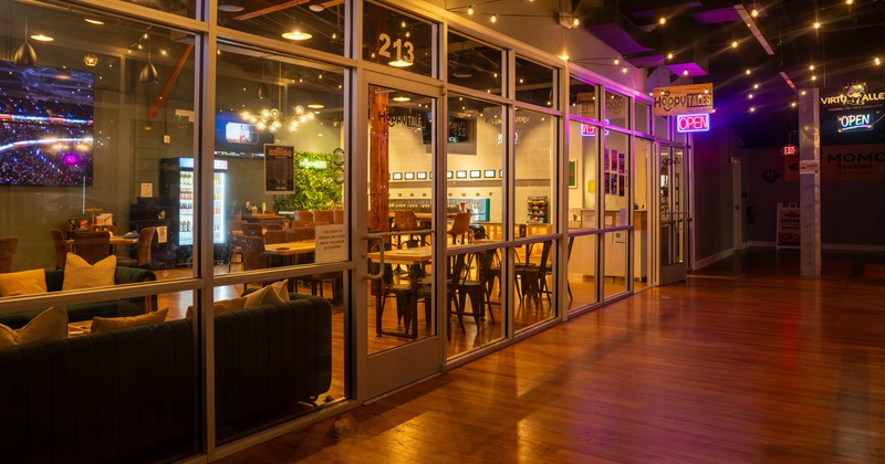 Seating area separated by glass windows