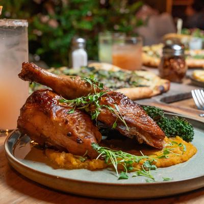 Organic, locally sourced roasted chicken dish at Gather restaurant in East Bay, CA.