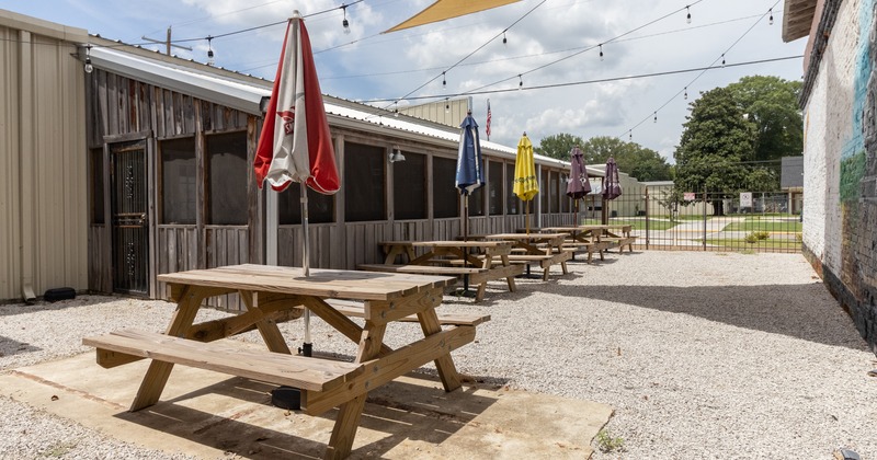 Exterior, benches, tables, patio, parasols