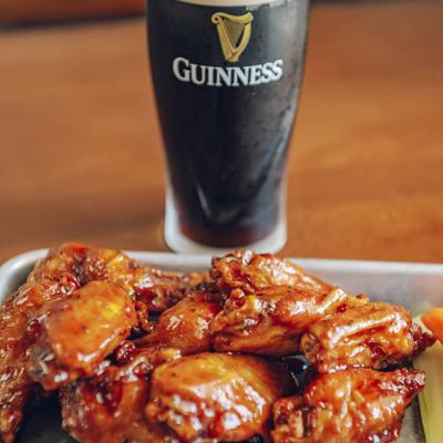 Chicken wings and dark Guinness beer.