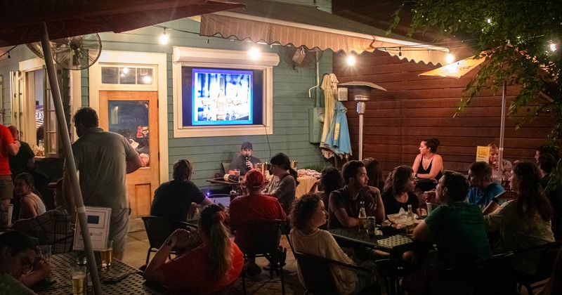 Exterior, crowded seating area