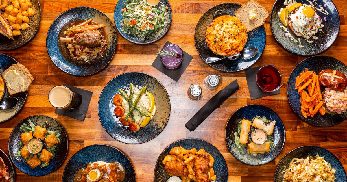 Food dishes served on the table, top view