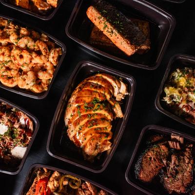 Assorted food plates, top view.