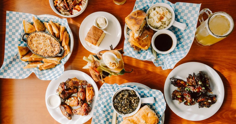 Miscellany of dishes and drinks, top view