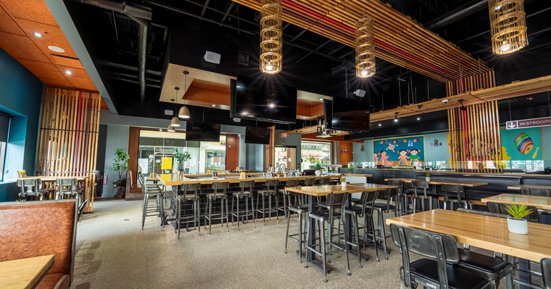 Interior, tall tables and  bar stools
