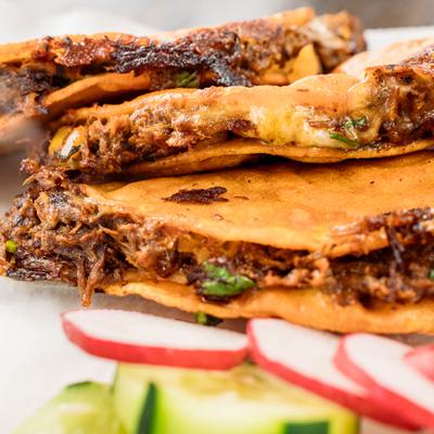 Crispy birria tacos served with radishes and cucumbers, close up view.