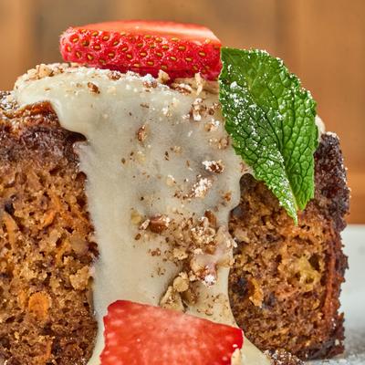 Warm Buttermilk Glazed Carrot Cake, closeup.