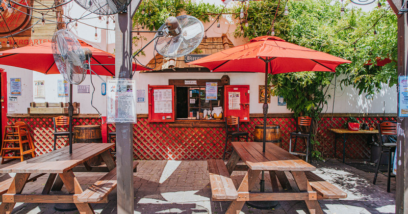 Exterior, sitting area with parasols
