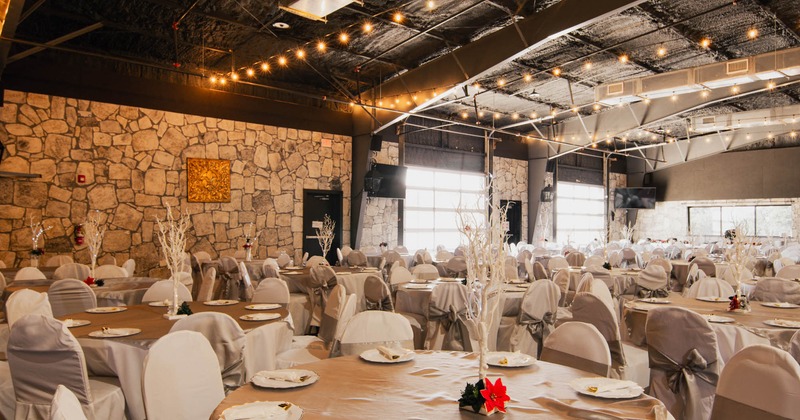 Interior, banquet hall, tables and chairs ready for guests