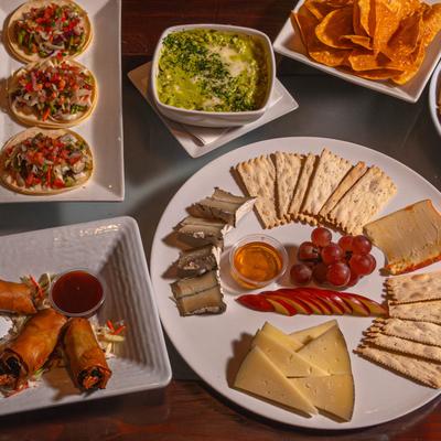 Multiple food plates, top view.
