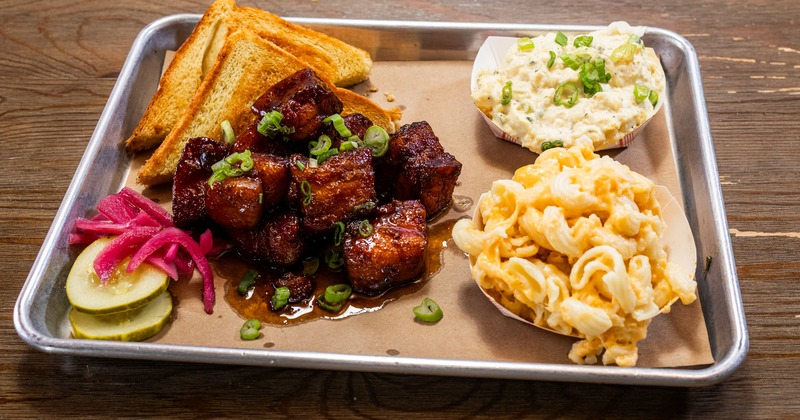 Pork belly burnt ends meal, served
