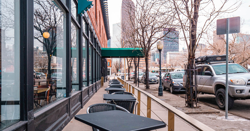 Exterior, tables lined up on the patio