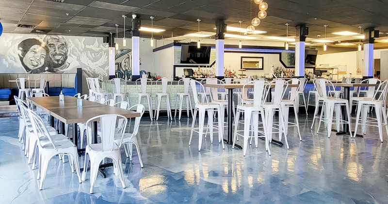 Interior, dining tables and seating, food counter and bar