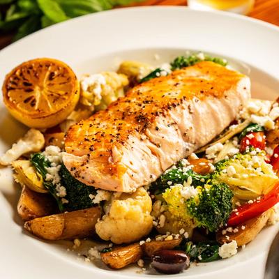 Mediterranean Salmon served with seasonal vegetables