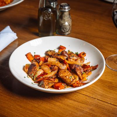 Grilled sausage, peppers, and onions.