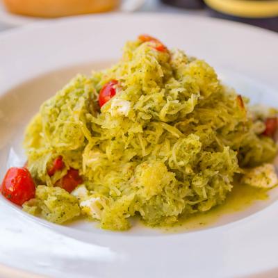 A closeup on the Spaghetti Squash with Pesto.
