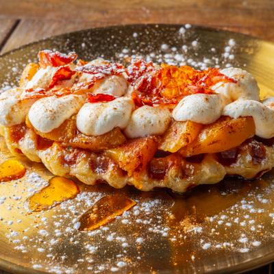 Waffle topped with peaches and cream.