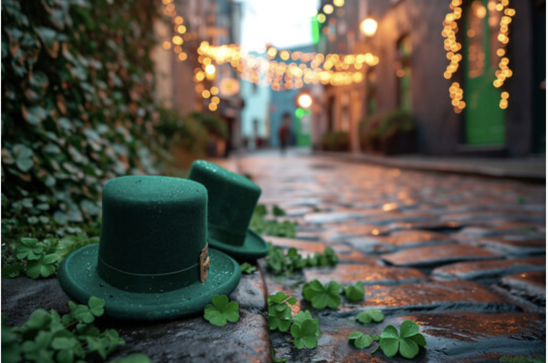 Image of two hats in a street, with some gold coins for St Patricks Day.