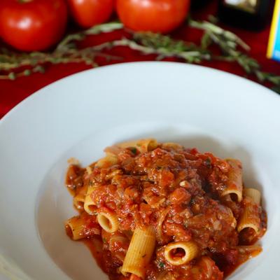 Rigatoni arrabbiata in rich tomato sauce.