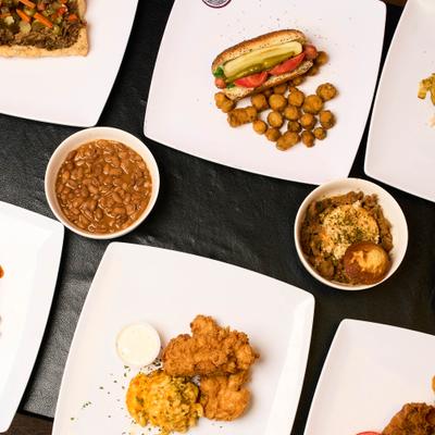 Top view of different dishes served on the table.