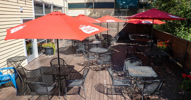 Exterior, patio with tables and chairs