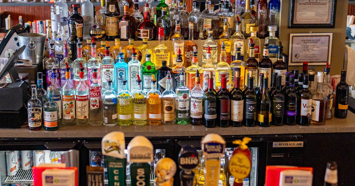 Full bar, spirits and wine displayed on a bar table