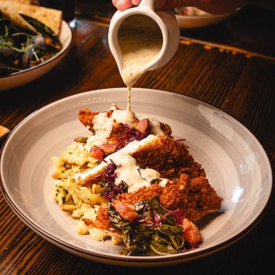 Southern Schnitzel with mustard sauce.