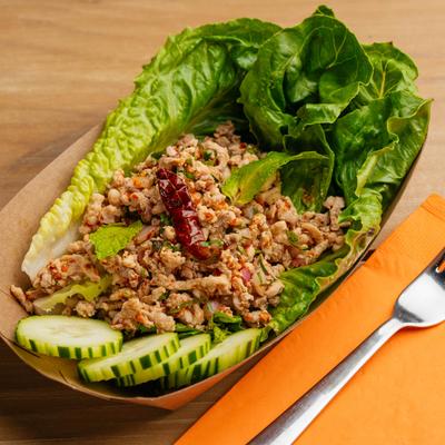 Spicy ground chicken salad with mint, cilantro, shallot, roasted rice powder.