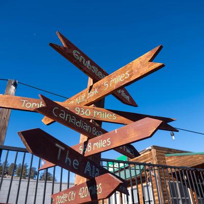 A wooden directional signpost with arrows pointing to various destinations.