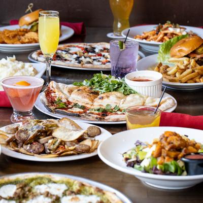 Assorted food and drinks.