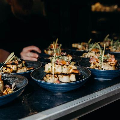 A row of elegantly plated dishes with grilled fish and herbs.