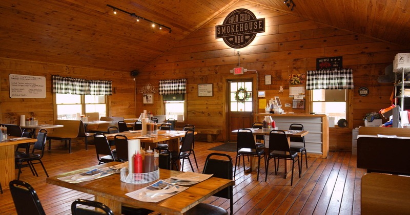 Interior, front desk and dining area