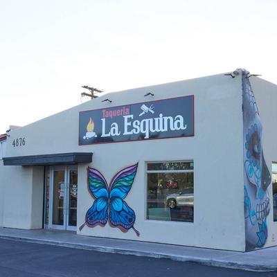 Exterior, view of the restaurant, front entrance, wall art.