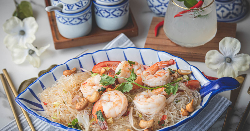 Glass Noodles Salad with fresh vegetables, herbs and shrimp