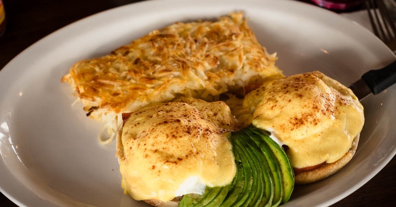 California Benedict with avocado and hash browns