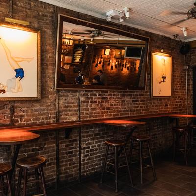 Interior, high chairs and wall table.
