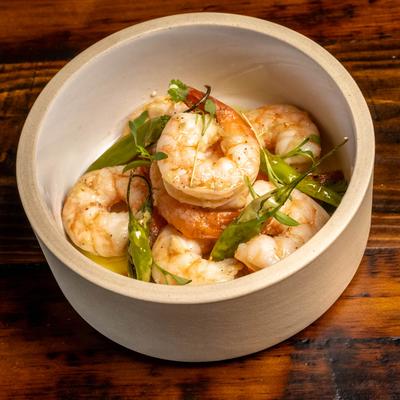 Marinated Prawns, with sweet Thai chili, garlic, cilantro, and peppers.