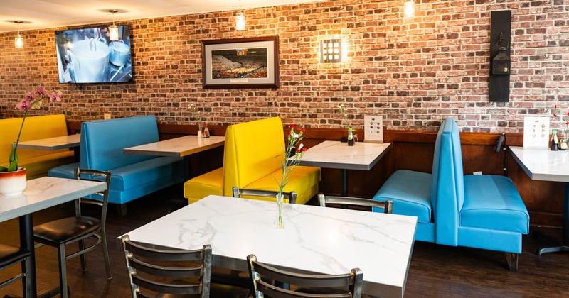 Interior, tables, chairs and dining booths