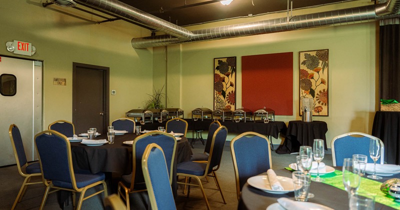 Interior, banquet room with round tables