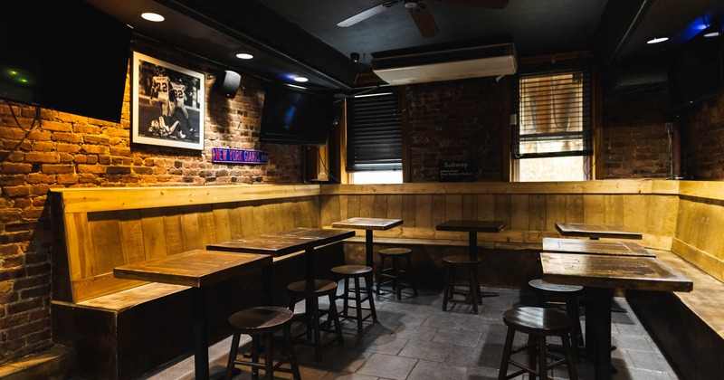 Interior, seating area, TVs on the wall