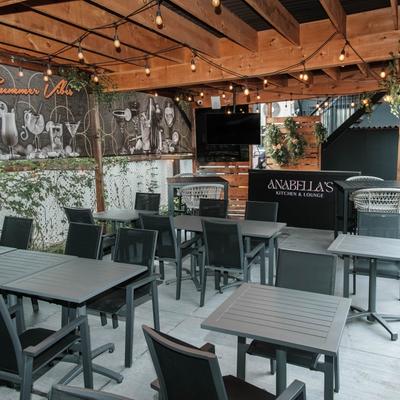 Patio cover with seating area.